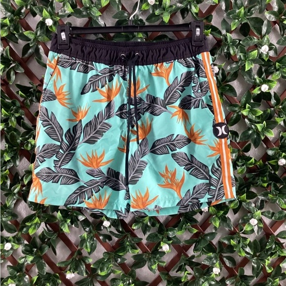 Hurley Women's Tropical Print Shorts - Black, Orange, and Blue - Picture 1 of 2